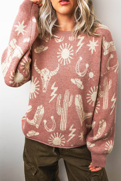 Peach Blossom Western Print Drop Shoulder Sweater (S-XL)