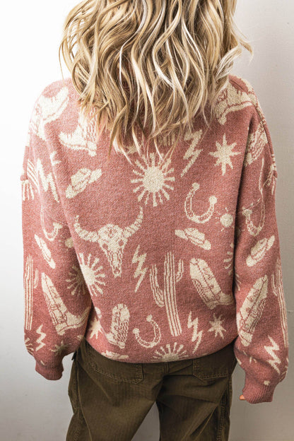 Peach Blossom Western Print Drop Shoulder Sweater (S-XL)