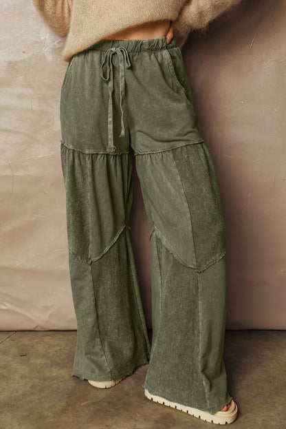 Mineral Wash Tiered Wide Leg Patchwork Drawstring Pants S-XL