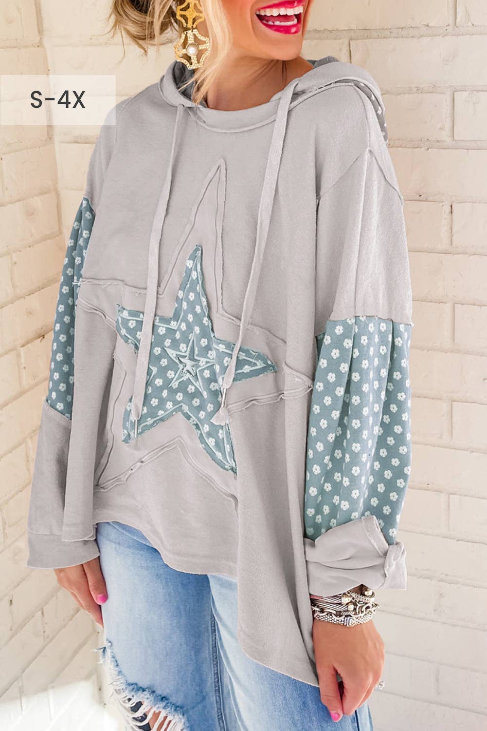 Boho Floral Patchwork Star Pattern Drawstring Hoodie (S-4X)