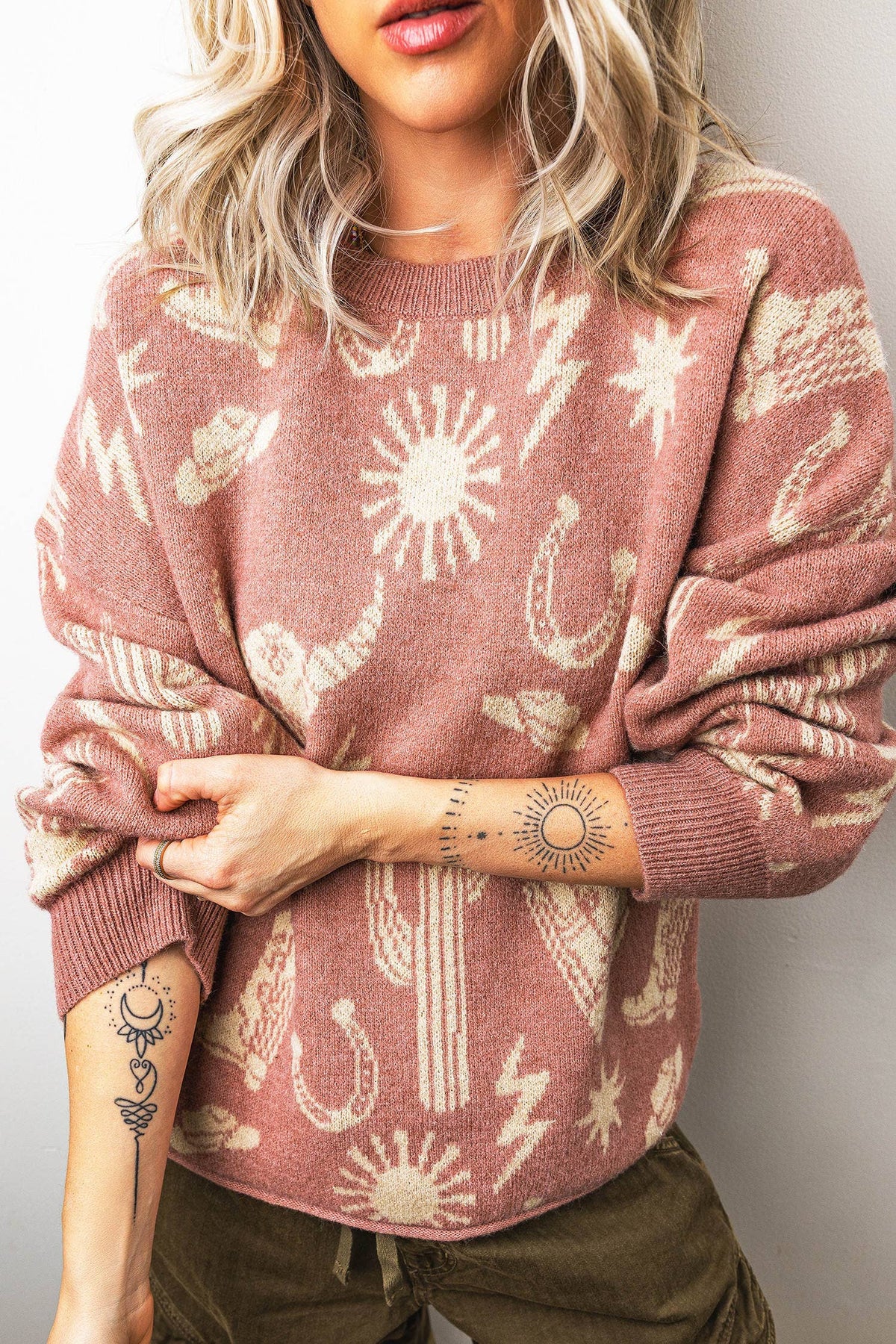 Peach Blossom Western Print Drop Shoulder Sweater (S-XL)