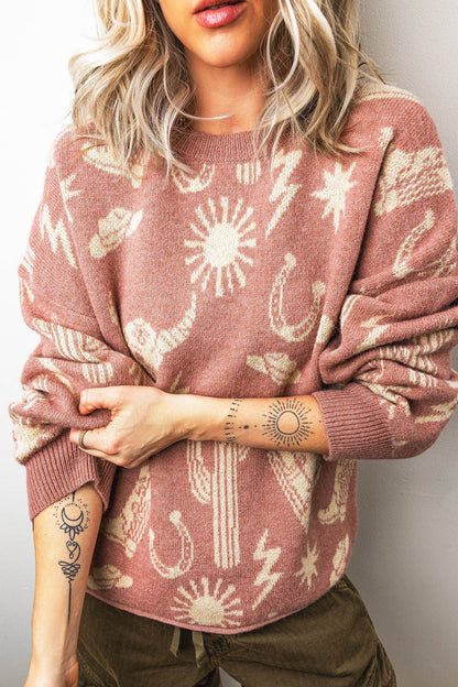 Peach Blossom Western Print Drop Shoulder Sweater (S-XL)