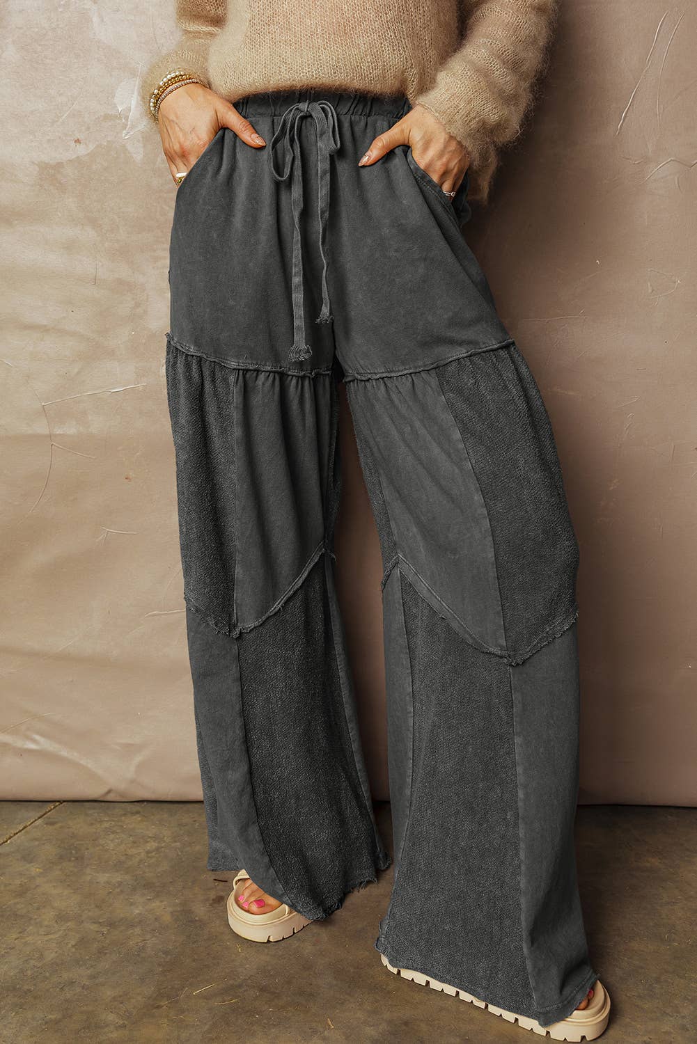 Mineral Wash Tiered Wide Leg Patchwork Drawstring Pants S-XL