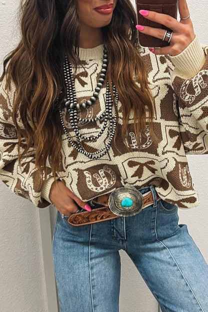 66 Bows Horseshoes Pattern Western Plus Size Sweater (S-4X)