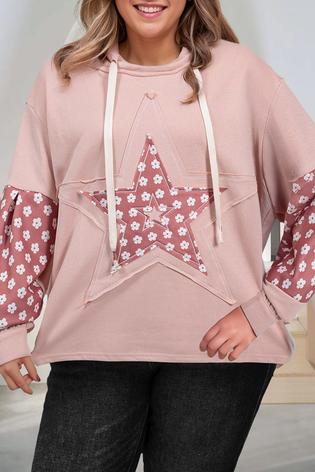 Boho Floral Patchwork Star Pattern Drawstring Hoodie (S-4X)