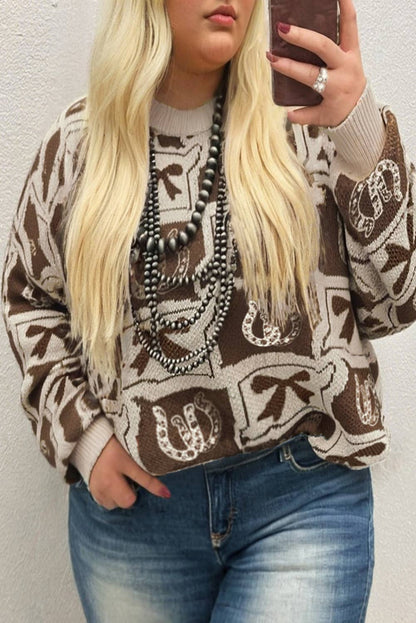 66 Bows Horseshoes Pattern Western Plus Size Sweater (S-4X)