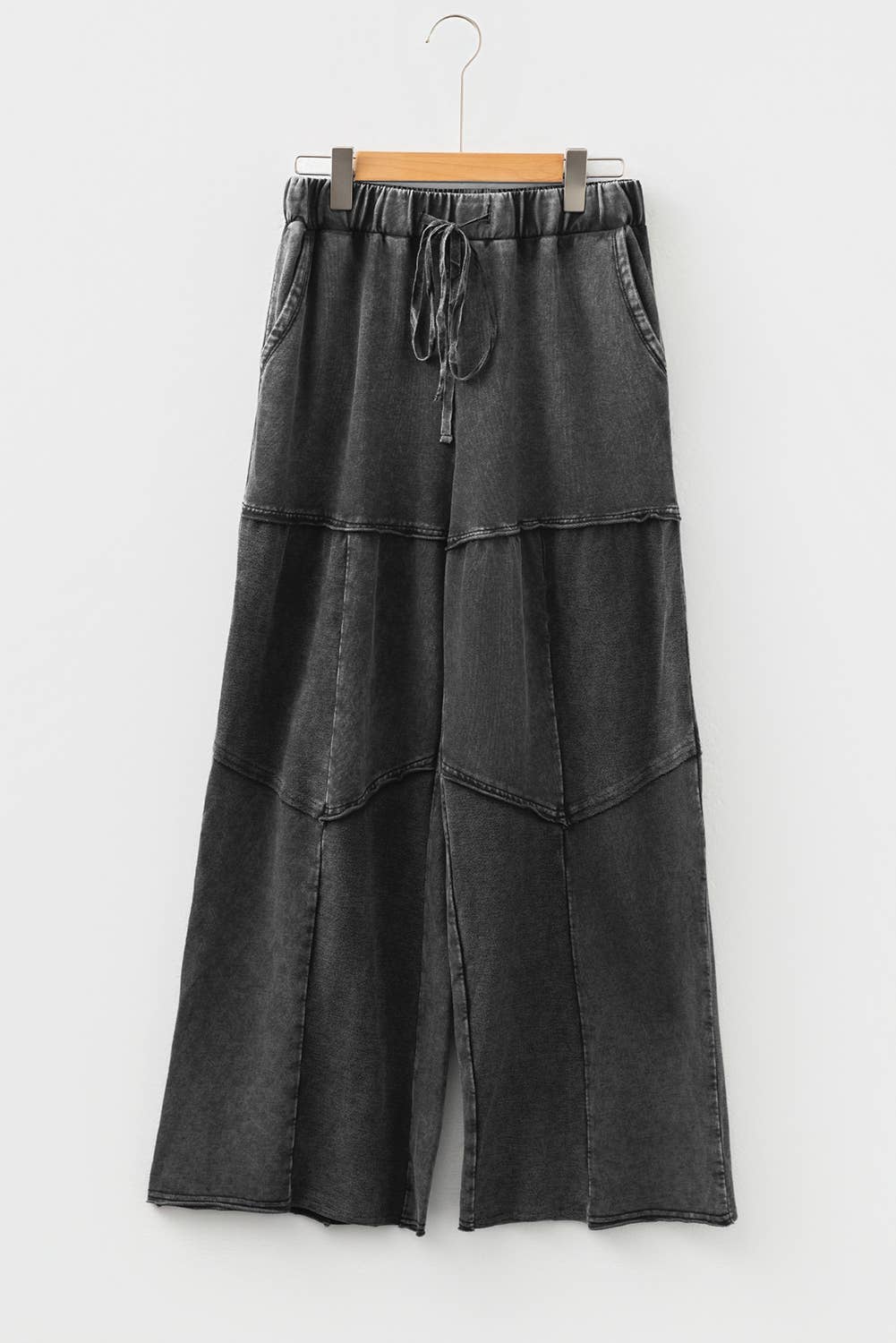 Mineral Wash Tiered Wide Leg Patchwork Drawstring Pants S-XL