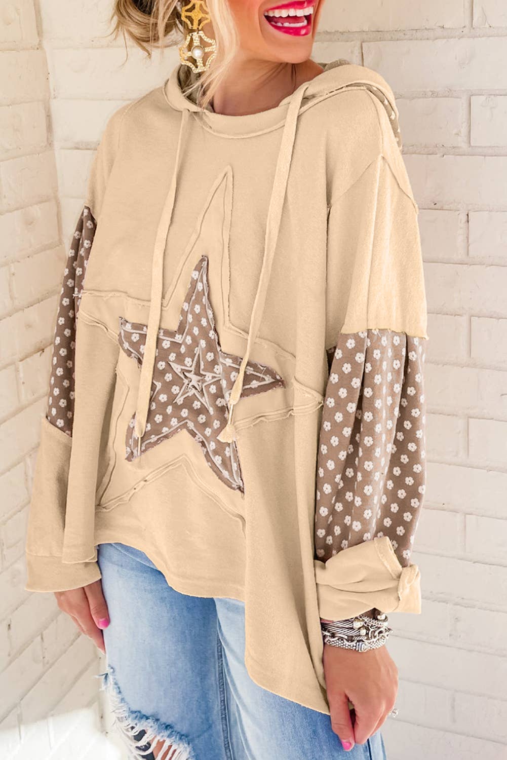 Boho Floral Patchwork Star Pattern Drawstring Hoodie (S-4X)