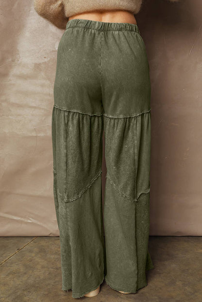 Mineral Wash Tiered Wide Leg Patchwork Drawstring Pants S-XL