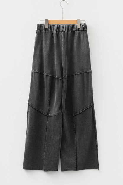 Mineral Wash Tiered Wide Leg Patchwork Drawstring Pants S-XL