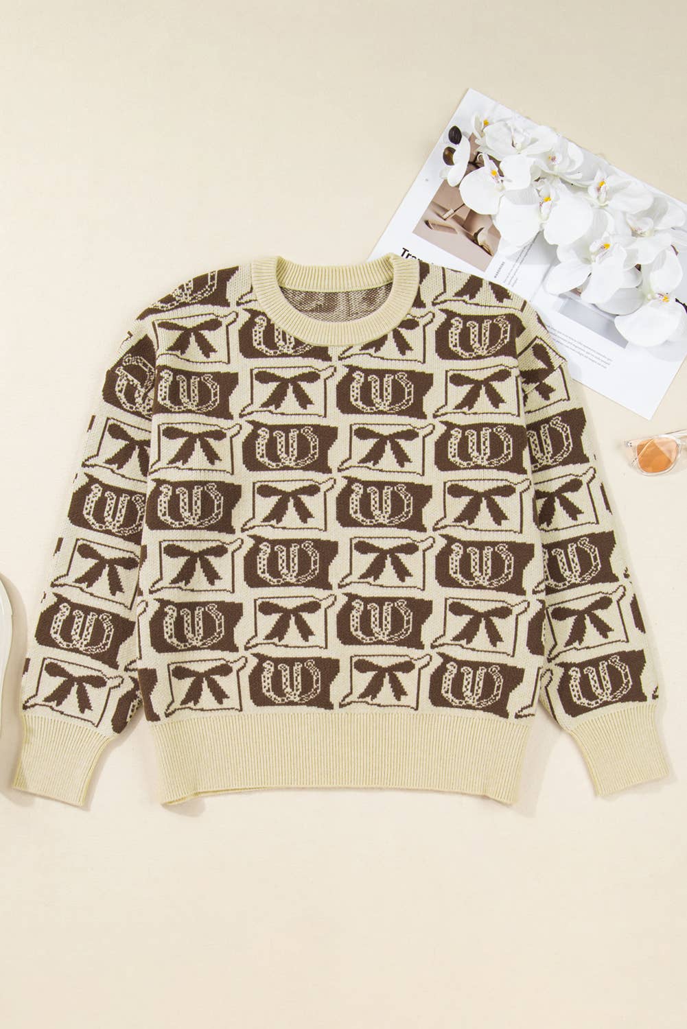 66 Bows Horseshoes Pattern Western Plus Size Sweater (S-4X)