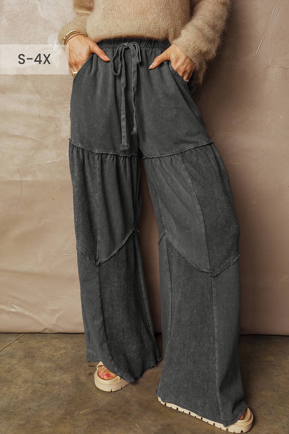 Mineral Wash Tiered Wide Leg Patchwork Drawstring Pants S-XL