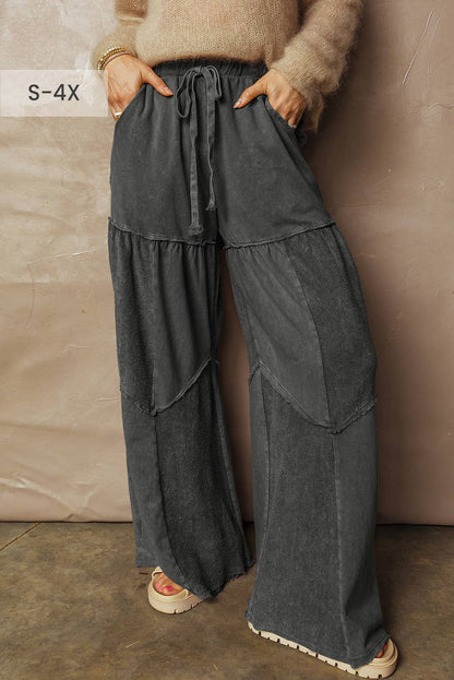 Mineral Wash Tiered Wide Leg Patchwork Drawstring Pants S-XL