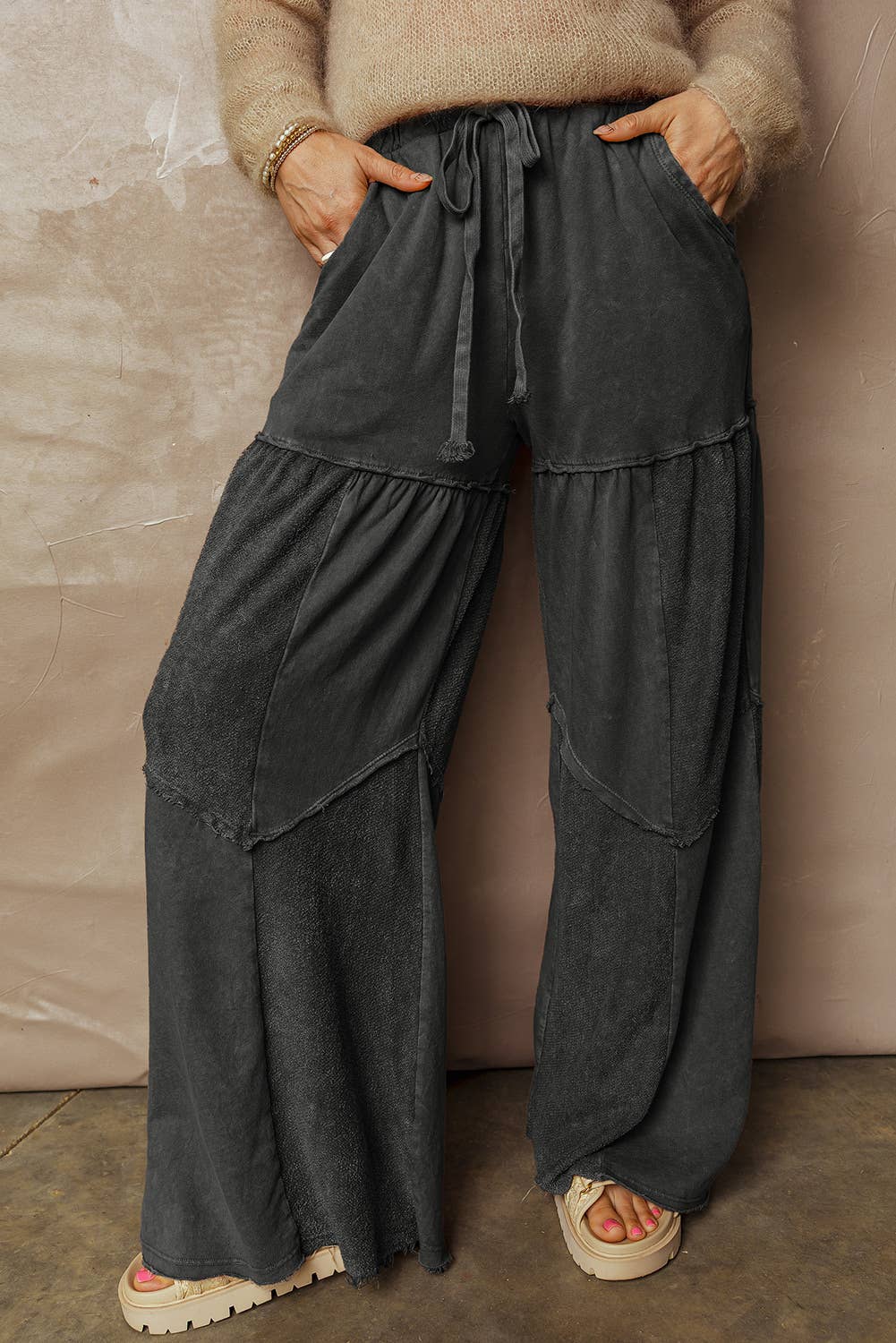 Mineral Wash Tiered Wide Leg Patchwork Drawstring Pants S-XL