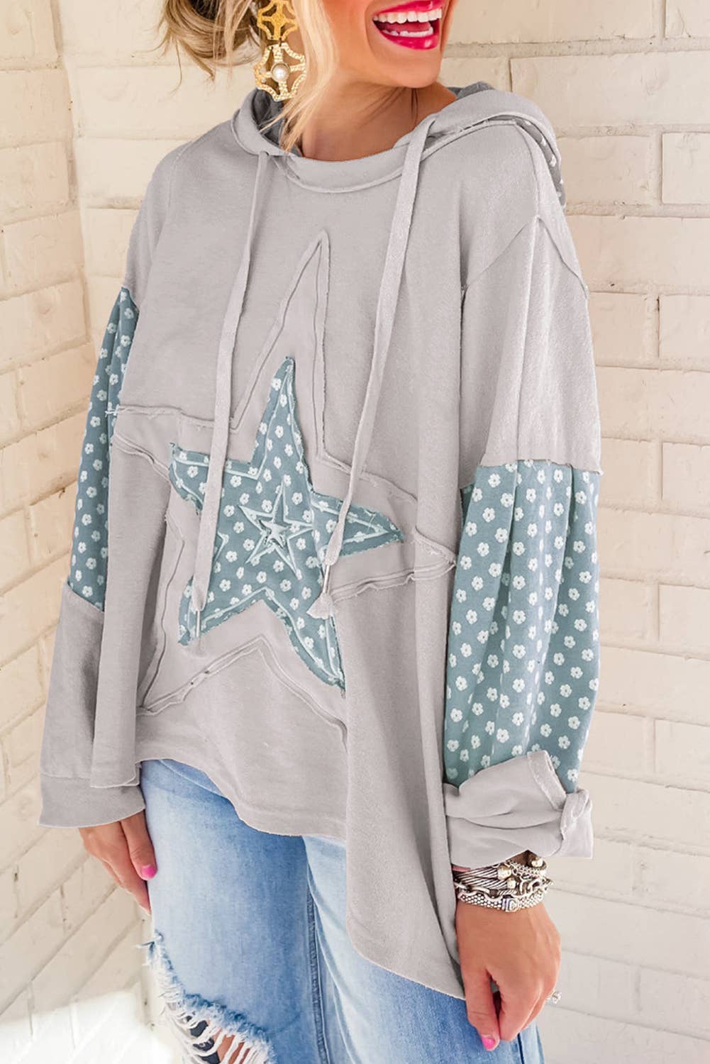 Boho Floral Patchwork Star Pattern Drawstring Hoodie (S-4X)