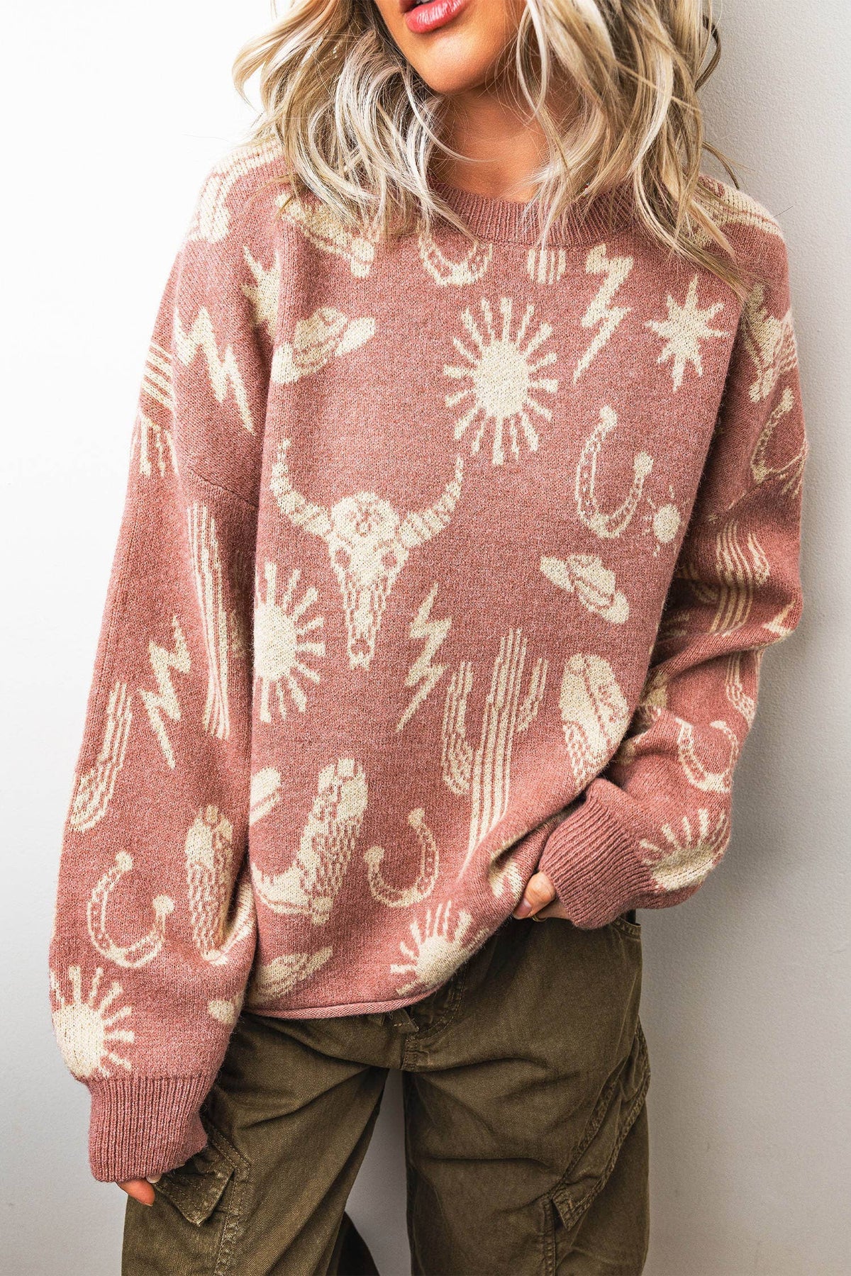 Peach Blossom Western Print Drop Shoulder Sweater (S-XL)