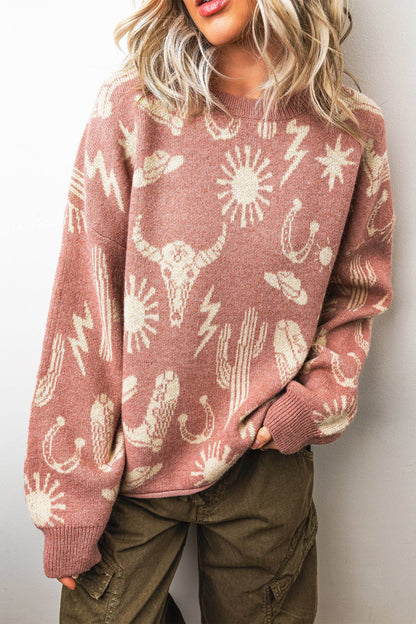 Peach Blossom Western Print Drop Shoulder Sweater (S-XL)