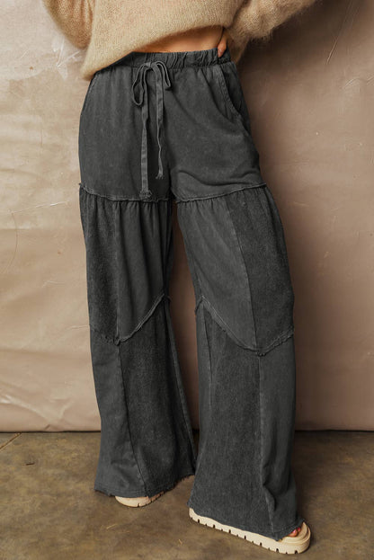 Mineral Wash Tiered Wide Leg Patchwork Drawstring Pants S-XL
