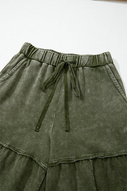 Mineral Wash Tiered Wide Leg Patchwork Drawstring Pants S-XL