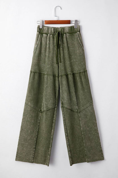 Mineral Wash Tiered Wide Leg Patchwork Drawstring Pants S-XL